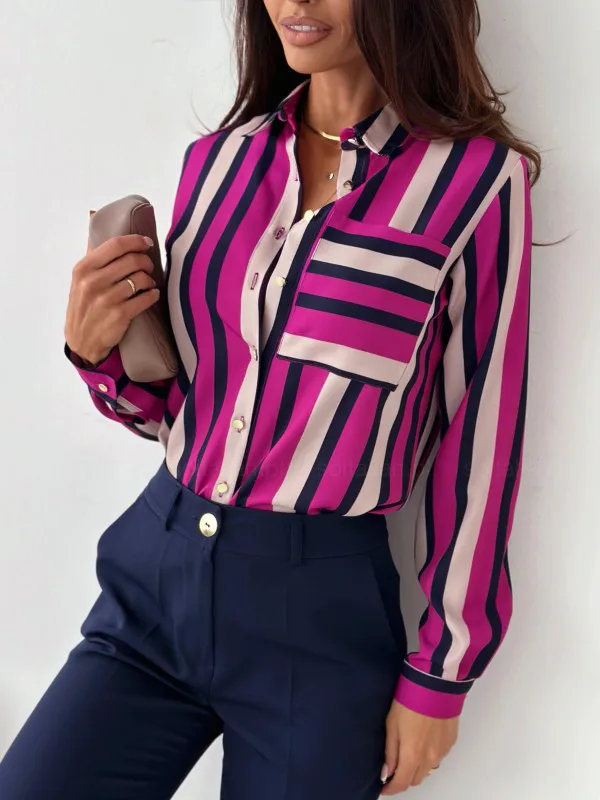 

Office Lady Striped Pocket Button Blouse 2023 Autumn Fashion Long Sleeve V-Neck Women's Shirt Blusa Feminina Elegante Estilosa