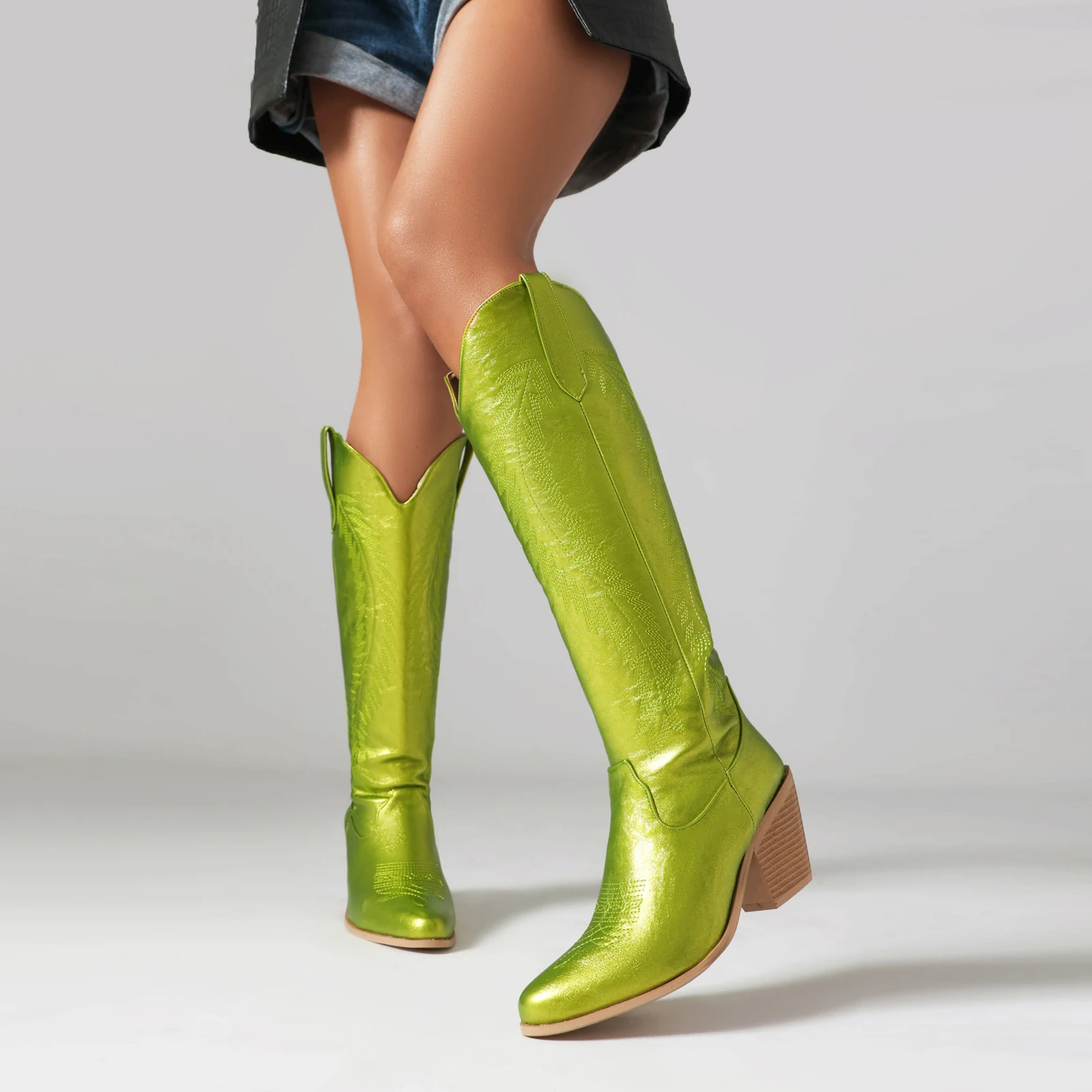 Plus Size Knitted Stripe Embroidered Fashion Women's Knee Length Boots Wood Grain Tapered Thick Heel Pointed British Style Boots