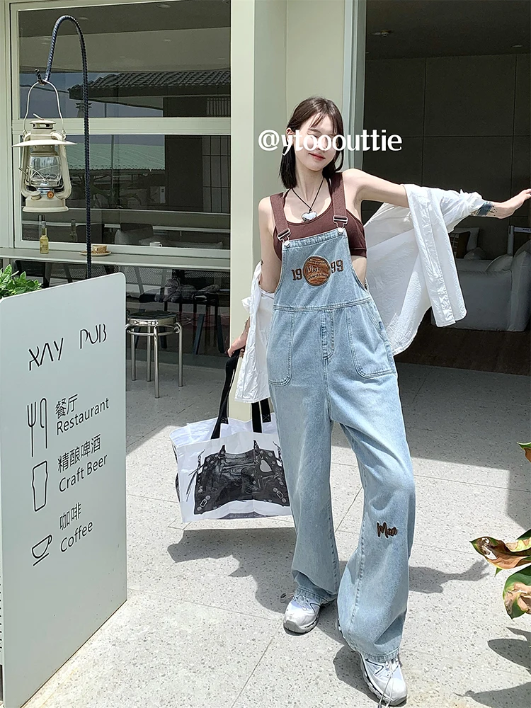 American Vintage Embroidery Letters Denim Jumpsuit Women High Waist Loose Wide Leg Straps Jeans Streetwear Overall Trousers