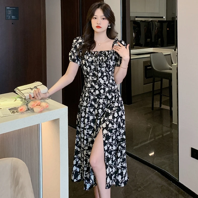 

Элегантное официальное платье, черное платье-трапеция с принтом, на шнуровке, с пышными рукавами и разрезом спереди, летнее облегающее строгое платье 2023