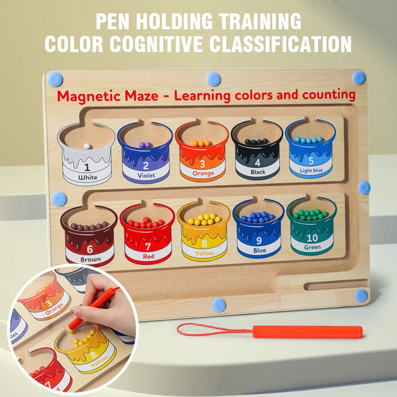 Baby Wood Color Number Cognition Board Walking Bead Magnetic Pen Maze Sorting Puzzle Early Education Toys for Children Gifts 4