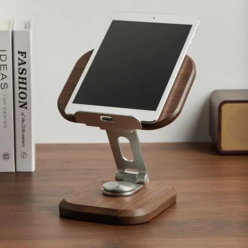 Black Walnut Wood IPad Stand Foldable Mobile Phone Holder 360 Degrees Rotating Charging Base Practical and Convenient Book Shelf 4