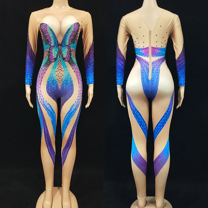 

Colorful Rhinestone Stetch Jumpsuit Singer Stage Costume Butterfly Crystals Bodysuit Nightclub Dj Ds Dancer Rave Outfit VDB6143