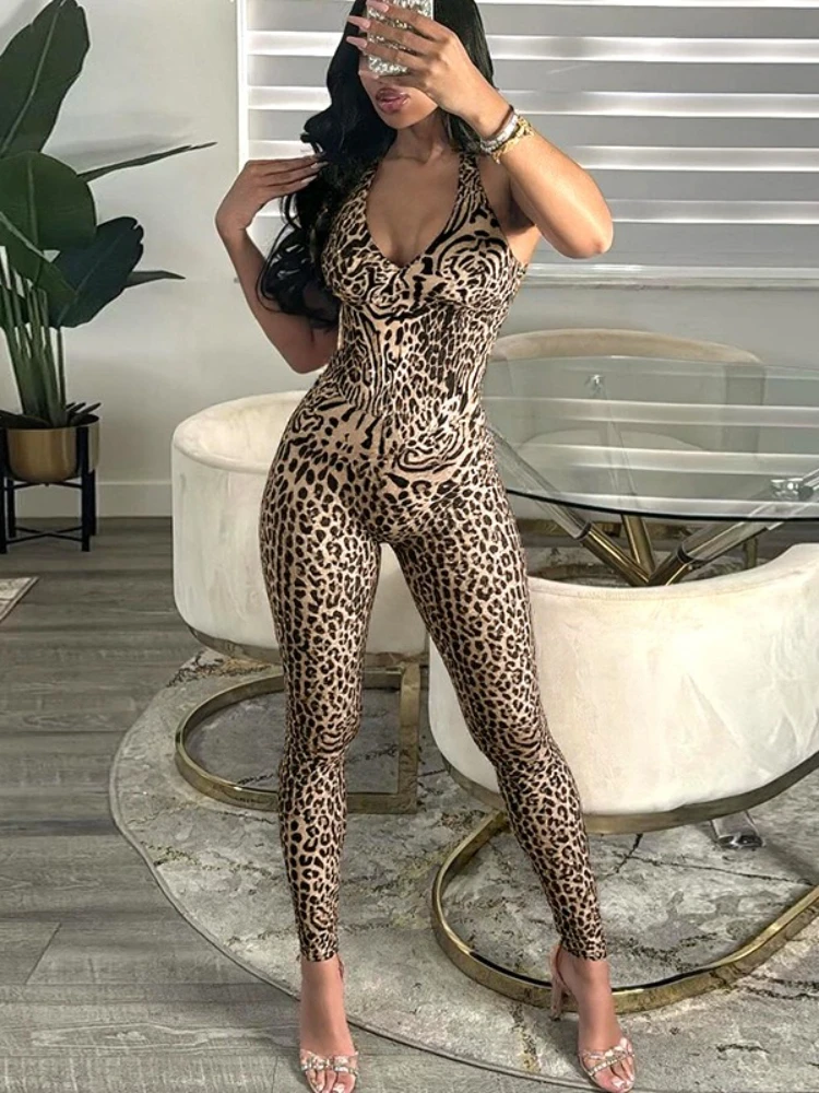 Sexy Leopard Printed Jumpsuits Women's Summer Sleeveless Backless Skinny Night Club Bodysuit Female Fitness Sports Yoga Overalls 4