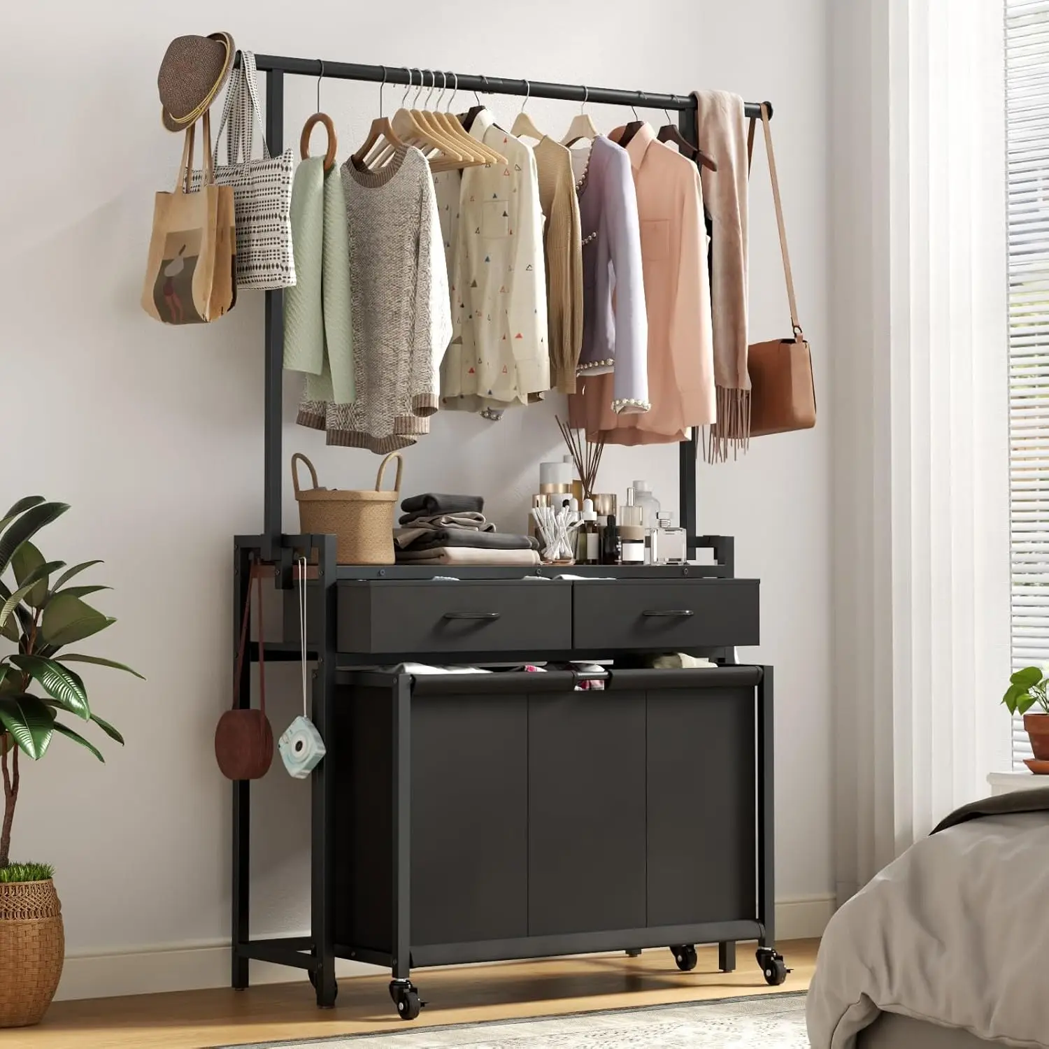 Cloth Rack, Laundry Basket with 3 Section Pull-Out Rolling Bags, Laundry Sorter for Organization and Storage with 2 Drawers