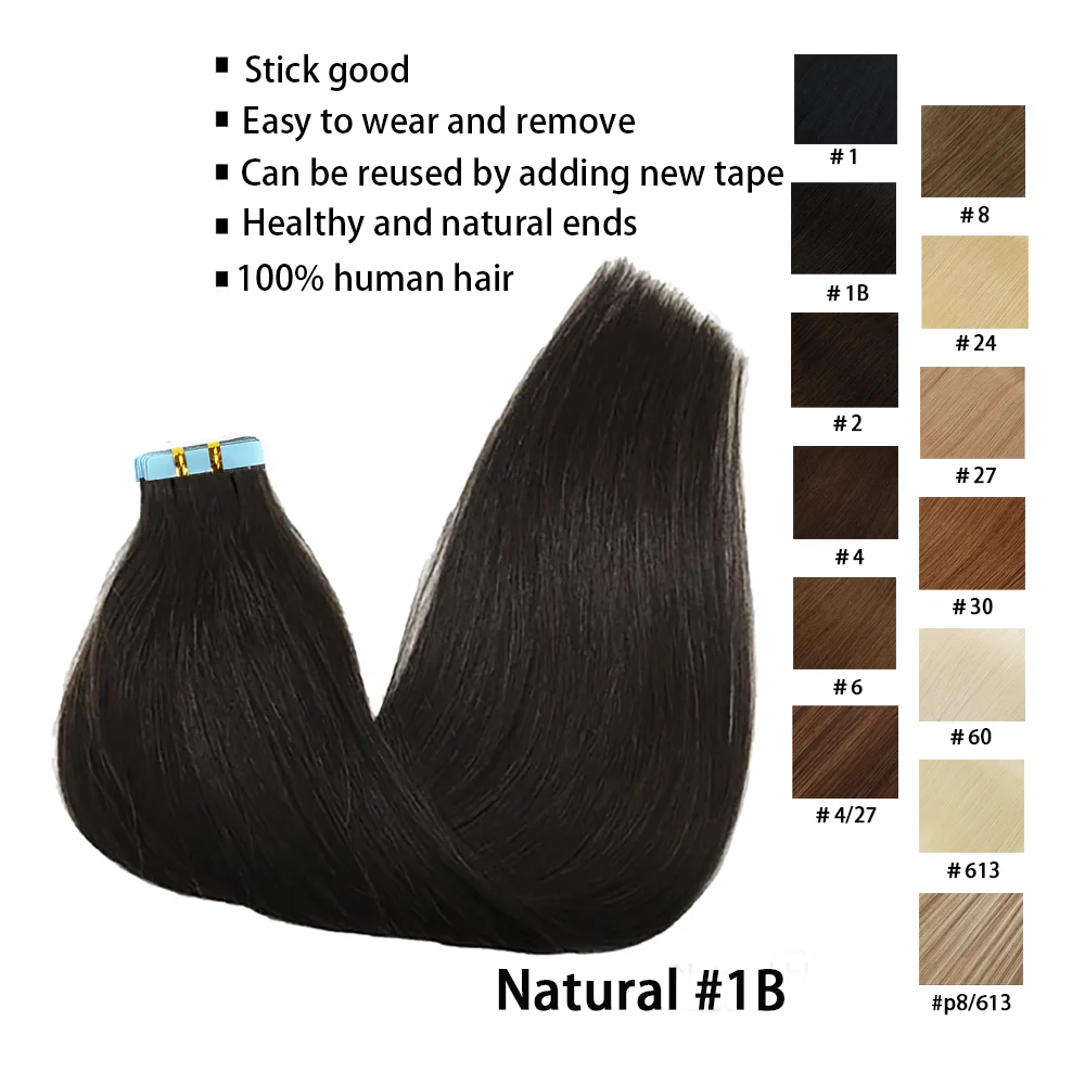 Human Hair Extensions Tape In Human Hair Straight Extensions Color 1B 100% Remy Skin Weft Adhesive Glue On For Salon for Woman 16-26 Inch