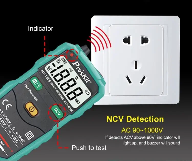 Pro'sKit MT-1509/MT-1510 Autorange Multimeter Non-contact ACV detector LED flashlight CE EN61010-1 CATIII 600V