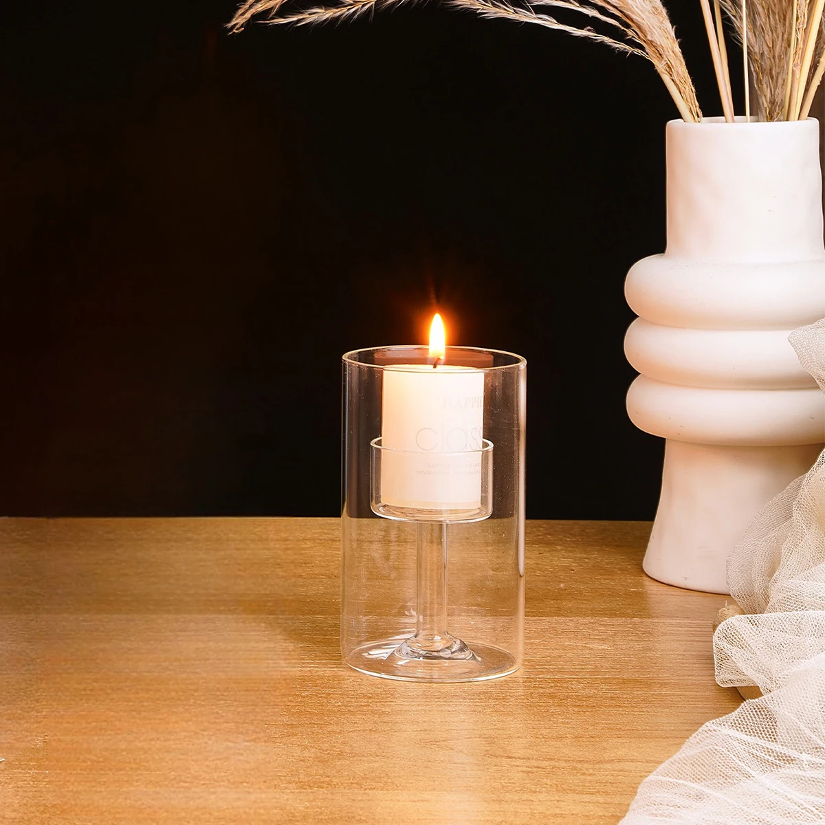 1PC, creative cylindrical transparent glass crystal candlestick, European-style candlelight dinner candlestick