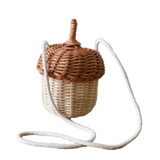 Mogyoró Alakú Mini Táska Tároló Szőtt Kézitáska Válltáska Makk Rattan Vintage Kézzel Készített Gyerekek Kosarak - Image 6