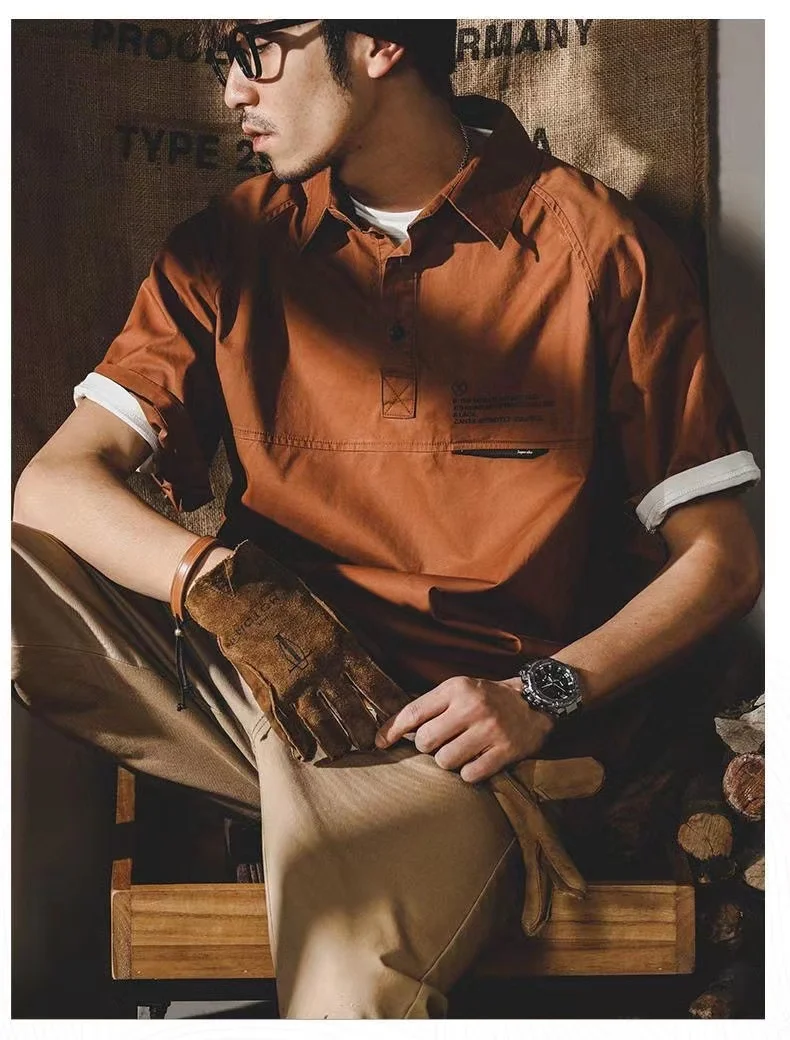 Men'S T-Shirt American Retro Loose Summer Short Sleeves 2022 New Work Shirt Collar Half Sleeve Clothes Printing Man