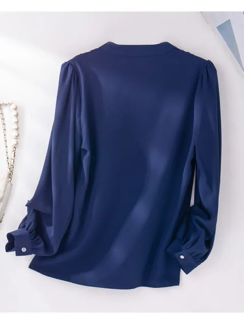 NAVIU Navy Blue Shirt Women New Autumn High End Temperament V Neck 