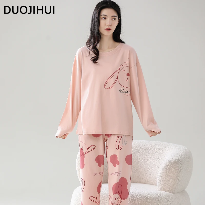 

DUOJIHUI Pink Autumn New Simple Women's Pajamas Set Basic O-neck Pullover Loose Casual Pant Fashion Printed Female Sleepwear Set