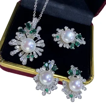One set freshwater pearl white 10-11mm pendant /earrings/Ring green zircon butterfly