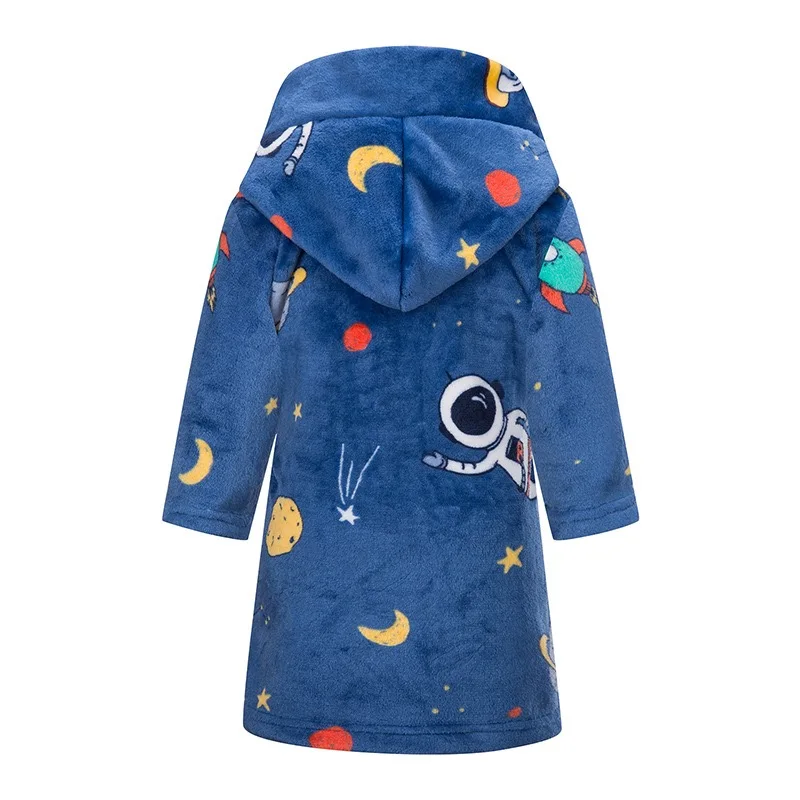 Kids Pajamas Set Hooded Dinosaur Printed Flannel Bathrobe Boys Astronaut Cartoon Soft Warm Long Sleeves