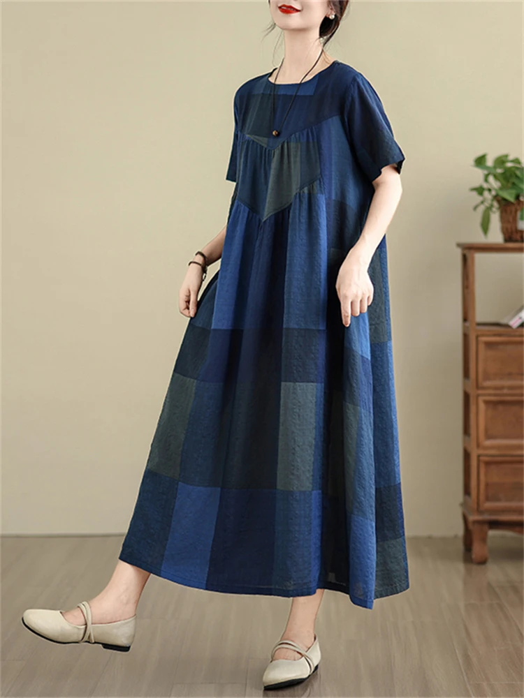 Summer Cotton Vintage Casual Loose Blue Plaid Dresses For Women Short Sleeve Dress Femme Vestidos Elegant Fashion Long Clothing