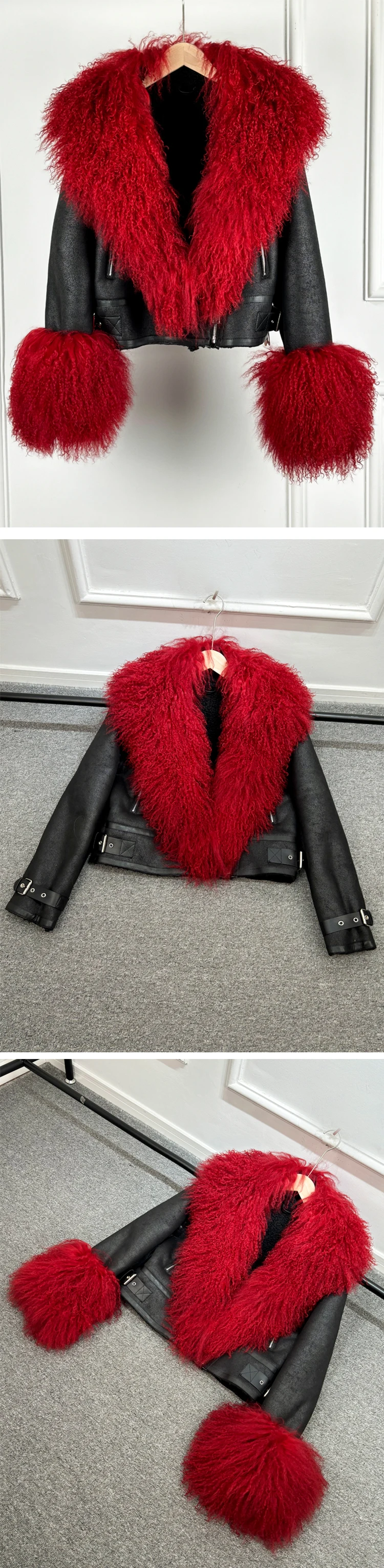 2024 New Winter Warm Mongolia Sheep Fur Collar Faux Leather Jacket Women Warm Suede Lamb Loose Fit Pu Leather Short Casual Coat