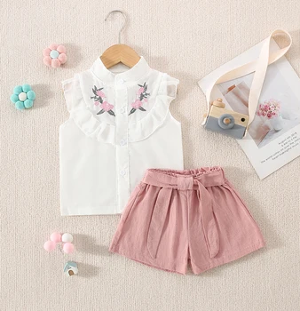 Summer New Girls' Two-Piece Set Lace Flower Embroidery Bow Two-Piece Set Loose Casual Two-Piece Shorts 1