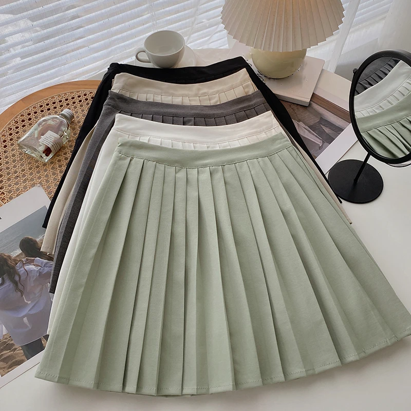 

Women High Waist Korean Skirt Casual Solid Mini A-Line Slim Short Skirt Ladies Harajuku Zipper Sweet Pleated Skirts Female