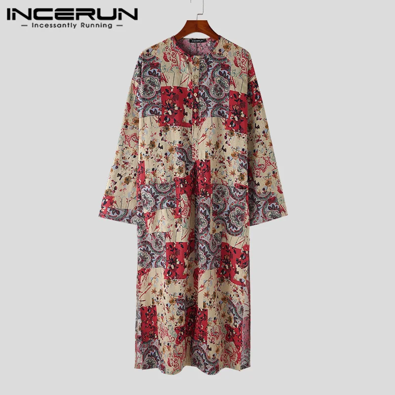 INCERUN 2023 Casual Simple New Men Robe Muslim Style Hot Sale Male Loose Comfortable Ethnic Printed Long-style Jubba Thobe S-5XL