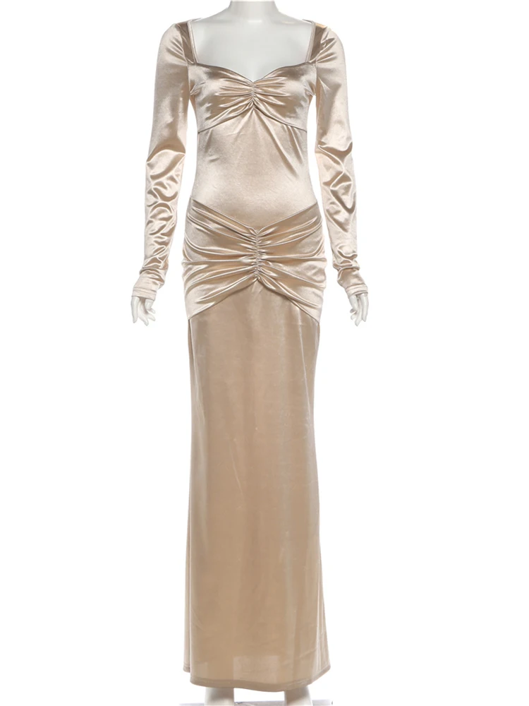 Nibber Prom Party Long Dress Woman Silky Satin Elegant Low-Neck Full Sleeve Ruched Kink Design Gown Robe Midnight Slim Vestidos