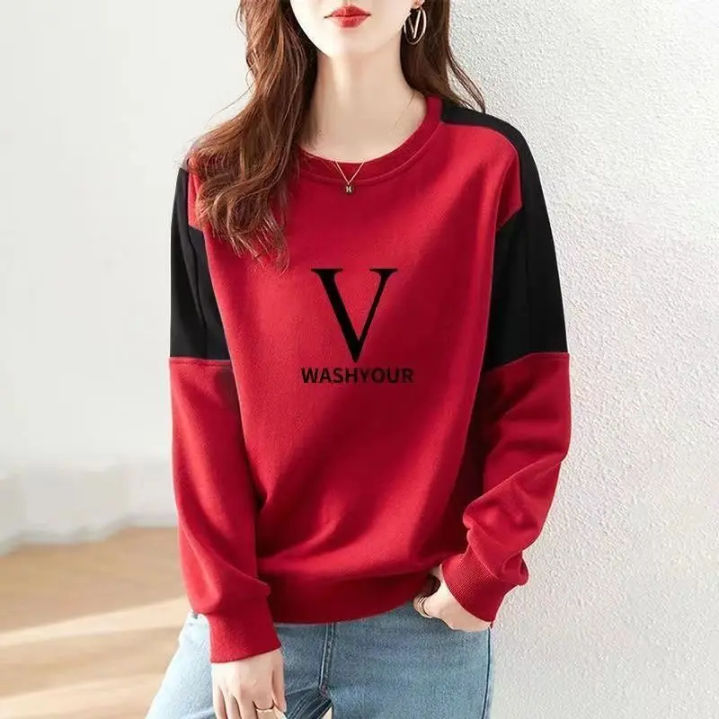 2023 Autumn and Winter Women's New Fashion Youth Contrast Color Panel Round Neck Long Sleeve Sweater Loose Casual Versatile Top