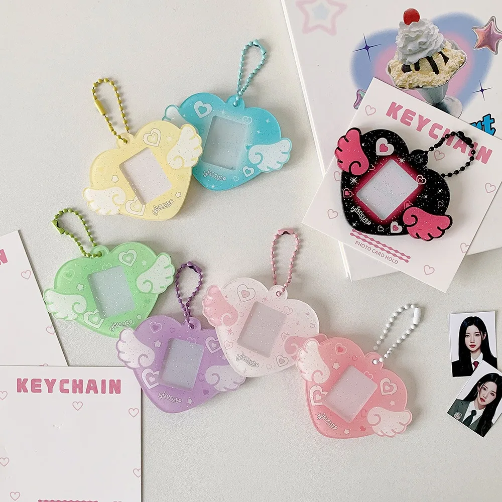 Portable Glitter Star Photocard Holder Keychain 1-Inch ID Card Case for Kpop Idol Photos
