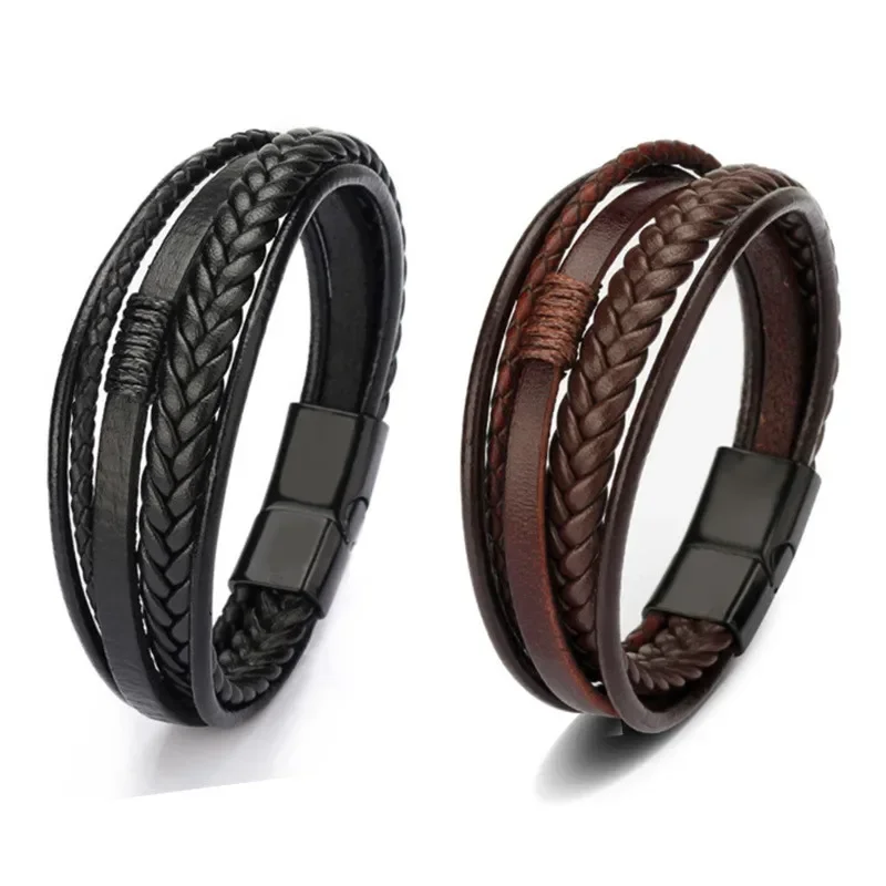 Leather Bracelet Leather Bangle Classic Hand Woven Multilayer Leather Bracelet Men's Cuff Bracelet