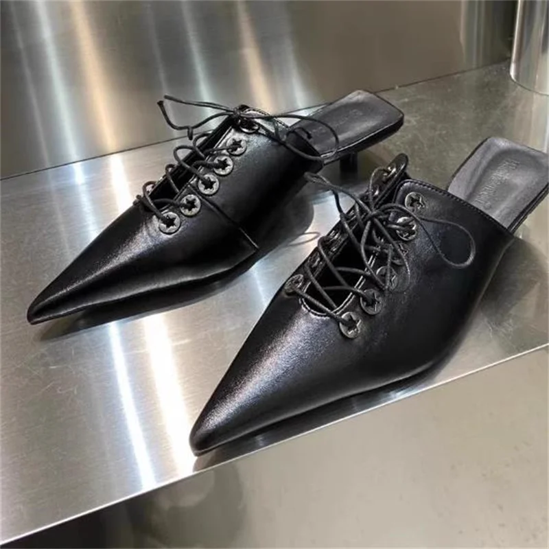 

Crossover Strap Shoes for Lady Pointed Toe Hollow Female Mules Mid Heels PU Leather Tacones Chassure Femme Sewing Zapatos Mujer