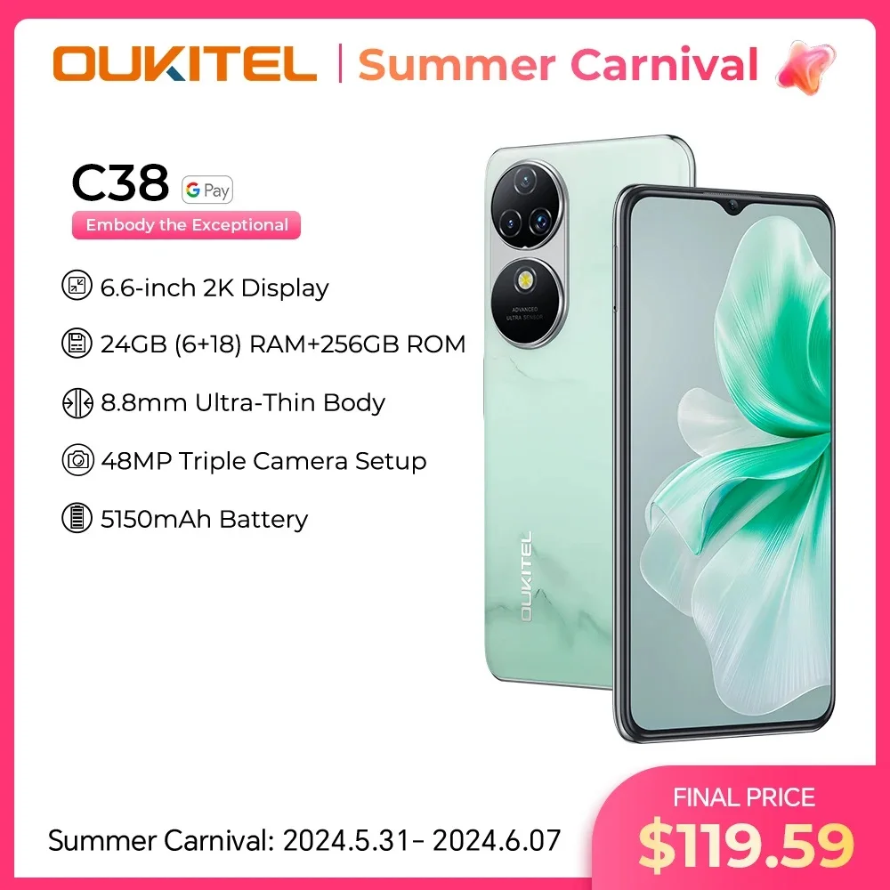 Смартфон Oukitel C38, 6,6 дюйма, 6 + 5150 ГБ, 256 мАч, 48 МП, Android 13