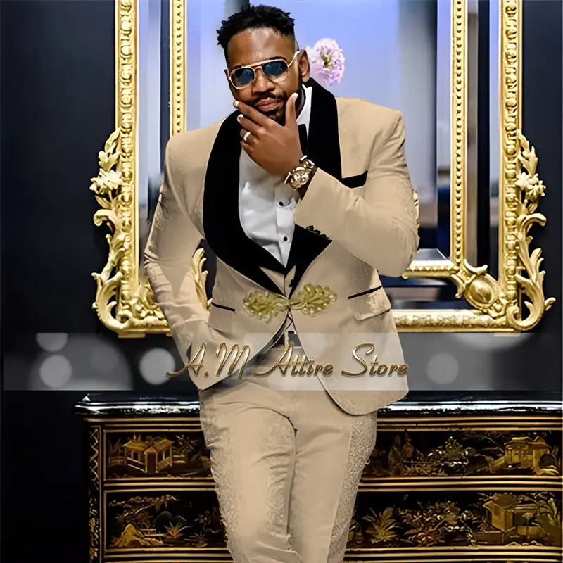 White Jacquard Men's 3-Pcs Suit Black Velvet Shawl Lapel Blazer Vest Pants Set for Wedding Groom Ball Party Handmade Tuxedo - Image 21
