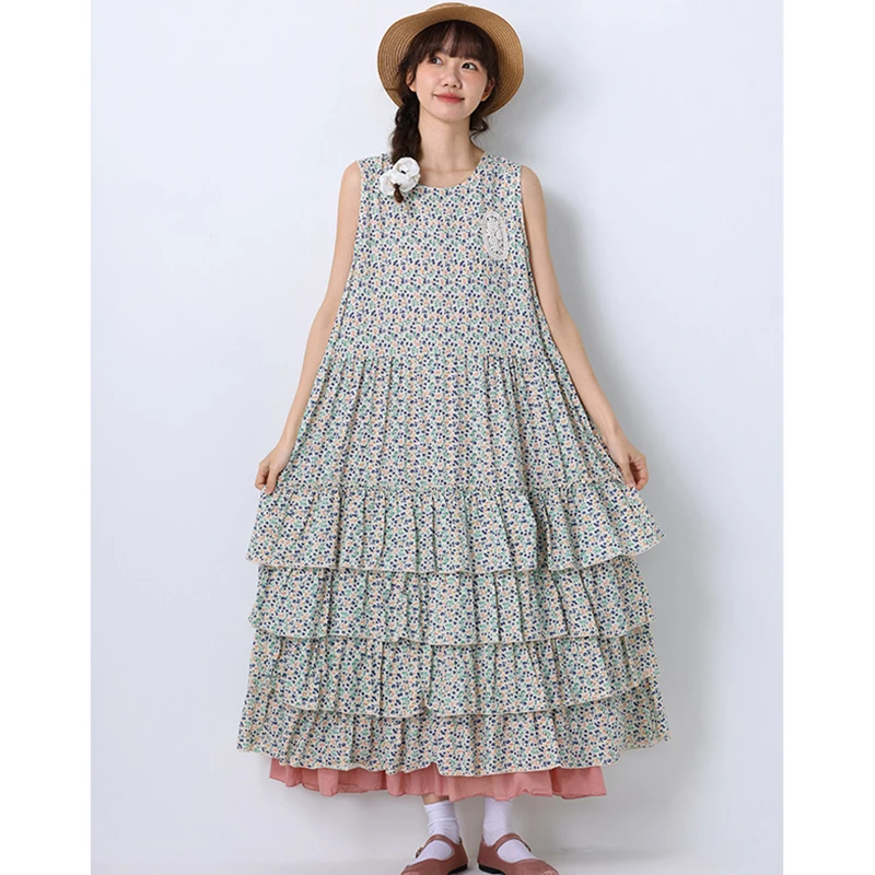 

Spring Women New Mori Girl Sweet Cake Floral Printed Dress Loose Sleeveless Casual Splicing Female Cotton And Linen Dress K073