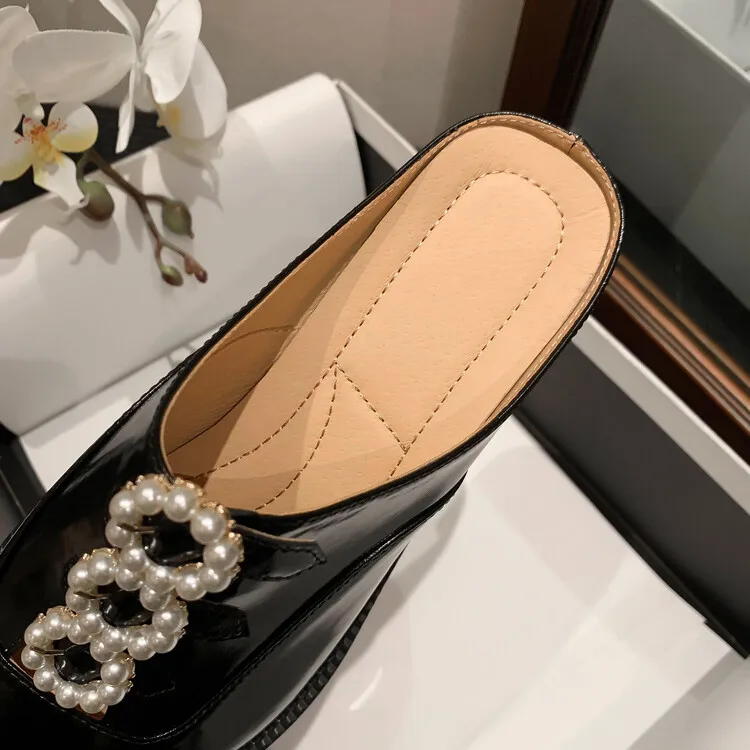 CHANEL Patent Lambskin Pearl Mules 40 Black 1243207