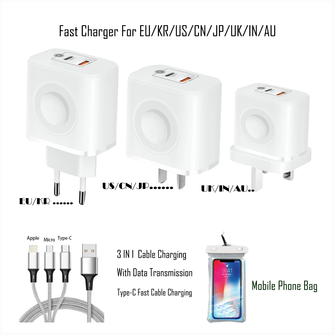 

Fast Phone Charger 2 Ports Type C USB,3 IN 1 Cable Charging with Data Transmission for Samsung i.Phone Huawei Xiaomi OPPO Laptop