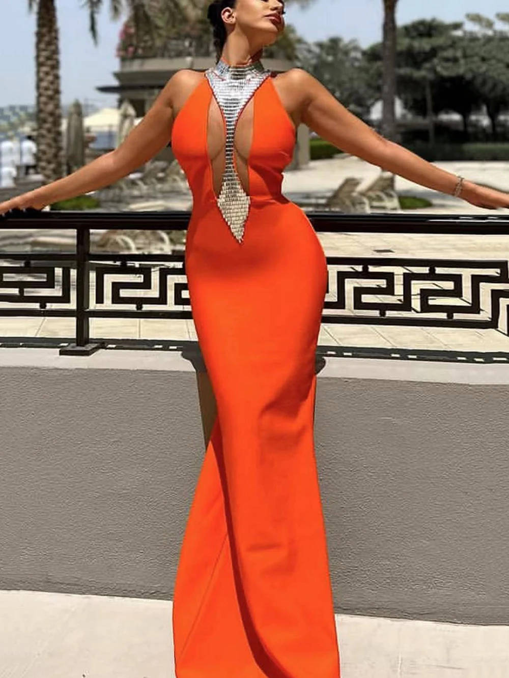 

Women's Orange Sexy Sleeveless O-Neck Mesh Patchwork Sequin 2024 New Bandage Long Maxi Bodycon Celebrity Party Evening Dress