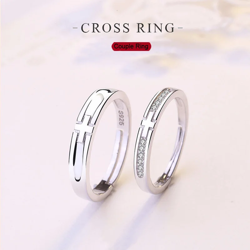 

S925 Pure Silver Cross for Men and Women Pair of Rings In Platinum Open Simple Personality Jewelry Valentine's Day Fine Gift