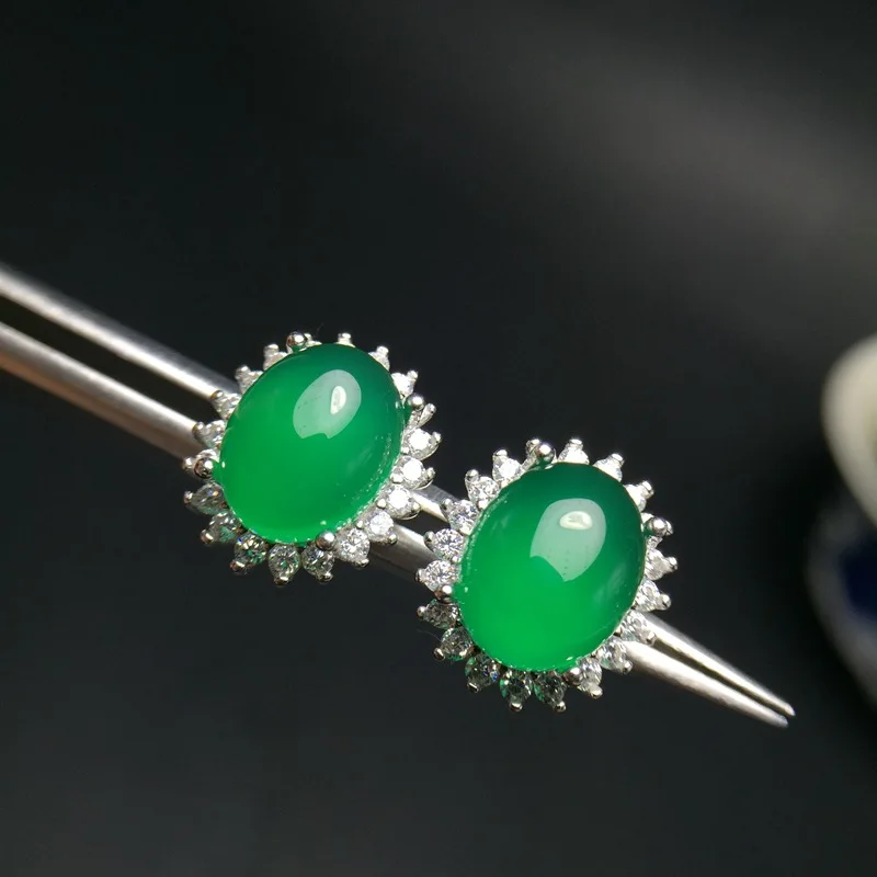 

Sterling Silver Gemstone Stud Earrings 6mm*8mm Natural Chalcedony Earrings Anti Allergic 3 Layers 18K Gold Plating Jewelry