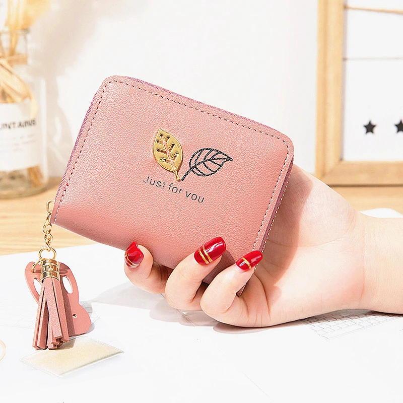 

Короткие женские кошельки из искусственной кожи с кисточкой и держателем для карт, Женские однотонные кошельки с металлическими листьями, Дамский клатч, зажим для денег