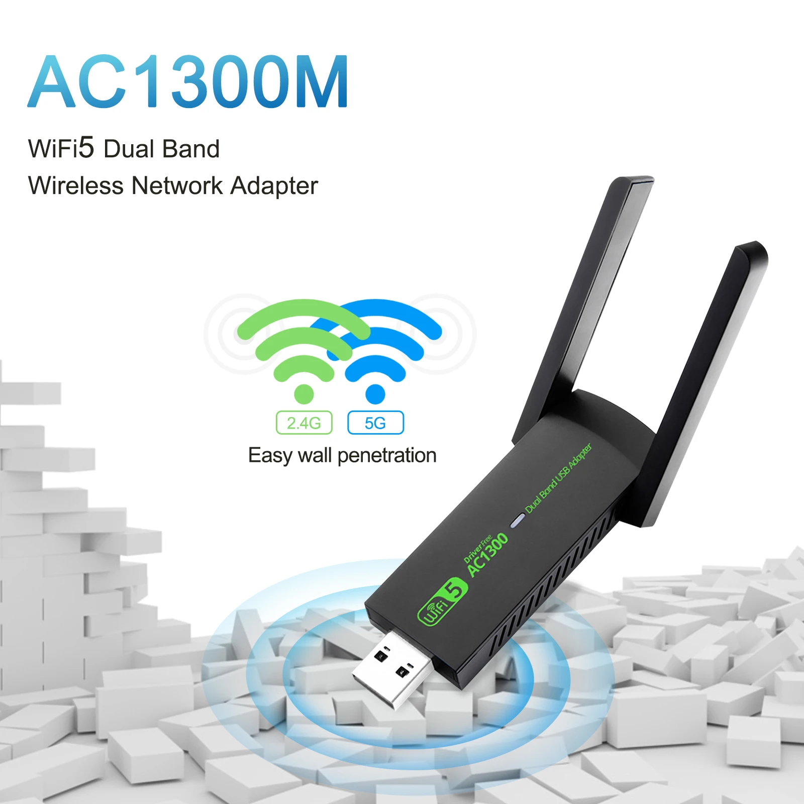 USB Wi-Fi адаптер, AC1300Mbps двухдиапазонный 5dBi антенна с высоким коэффициентом усиления 2,4 ГГц/5 ГГц беспроводной сетевой адаптер для ПК, поддерживает Windows /8/10 USB Wi-Fi адаптер, AC1300Mbps двухдиапазонный 5dBi антенна с высоким коэффициентом усиления 2,4 ГГц/5 ГГц беспроводной сетевой адаптер для ПК, поддерживает Windows /8/10