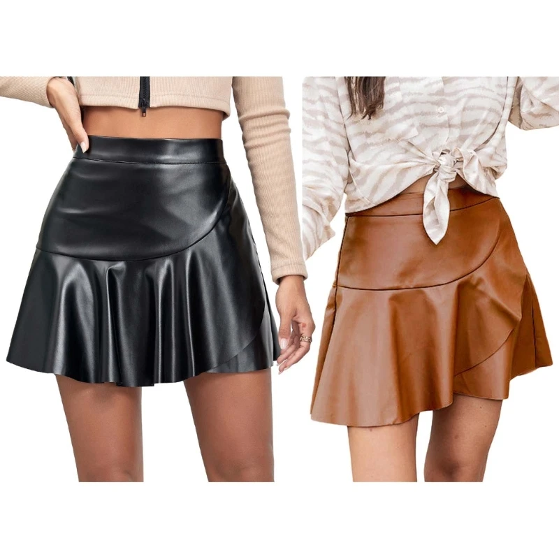 

Vintage Irregular Pleated Ruffle Skirts for Women 2023 Sexy Short Skirt Faux Leathers Mini Skirt Streetwear Clothes