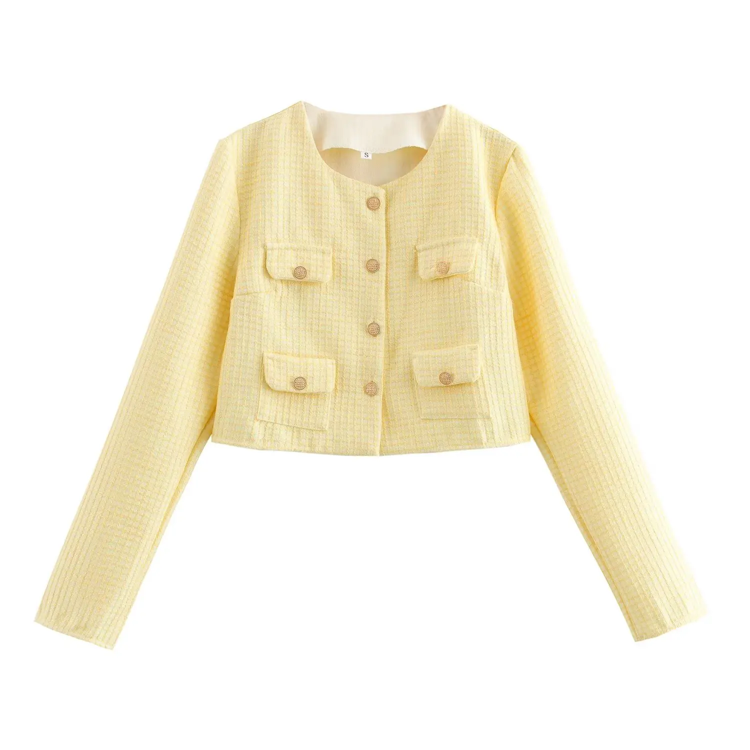 Abrigo de tweed a cuadros amarillo con cuello redondo para otoño, chaqueta corta vintage con bolsillos delanteros y botones dorados para mujer, chaqueta elegante