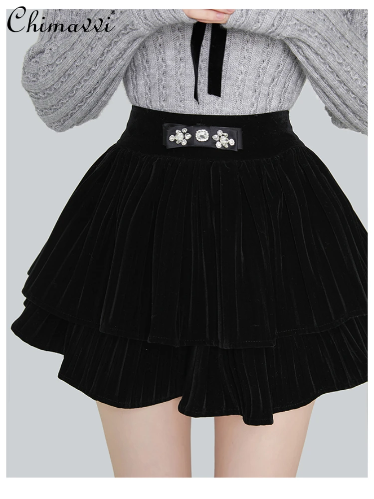 Fashionable All-Match High Waist Slim Fit Black Velvet Short Skirt Spring Autumn Sexy Sweet Women's Diamonds Pleated Skirts