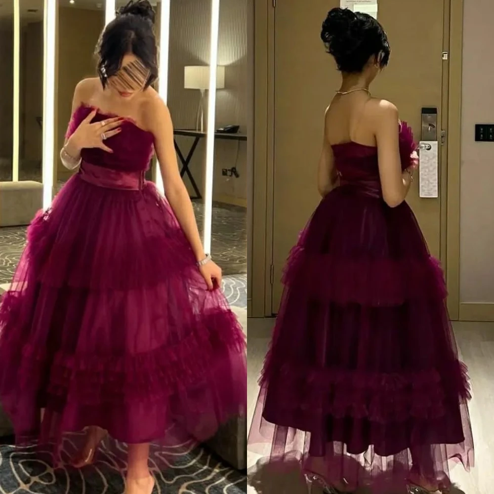 

Ball Fashion High Quality Strapless A-line Cocktail Dresses Layered Anke Length Skirts Organza Evening Vestido Formatura