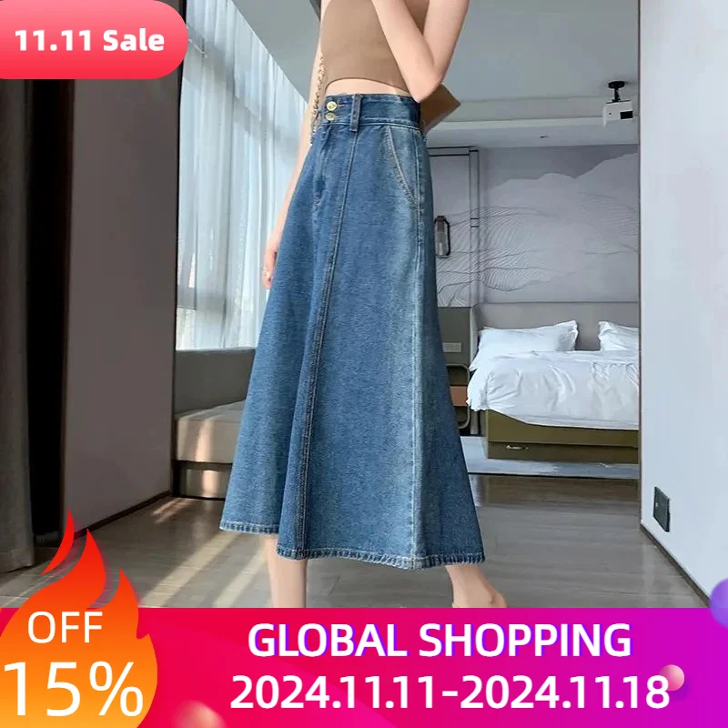 Large Size Denim Half Body A-line Skirt Umbrella Skirt Medium Long Knee High Waist Slim Women's Soft Button Elastic