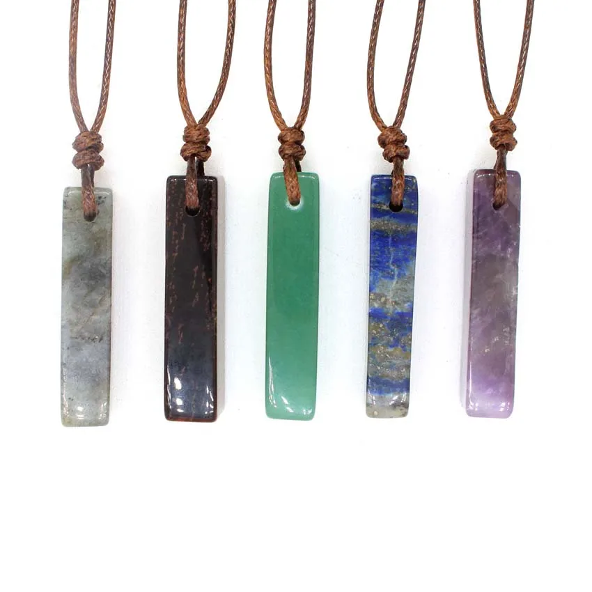 Crystal Cuboid Stone Pendant Natural Amethyst Lapis Lazuli Rose Quartz Stone Pendant Adjustable Rope Women Necklace Jewelry 3