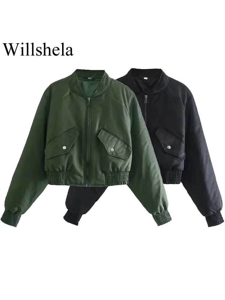 

Willshela Women Fashion With Pockets Solid Front Zipper Bomber Jackets Vintage O-Neck Long Sleeves Female Chic Lady Outfits