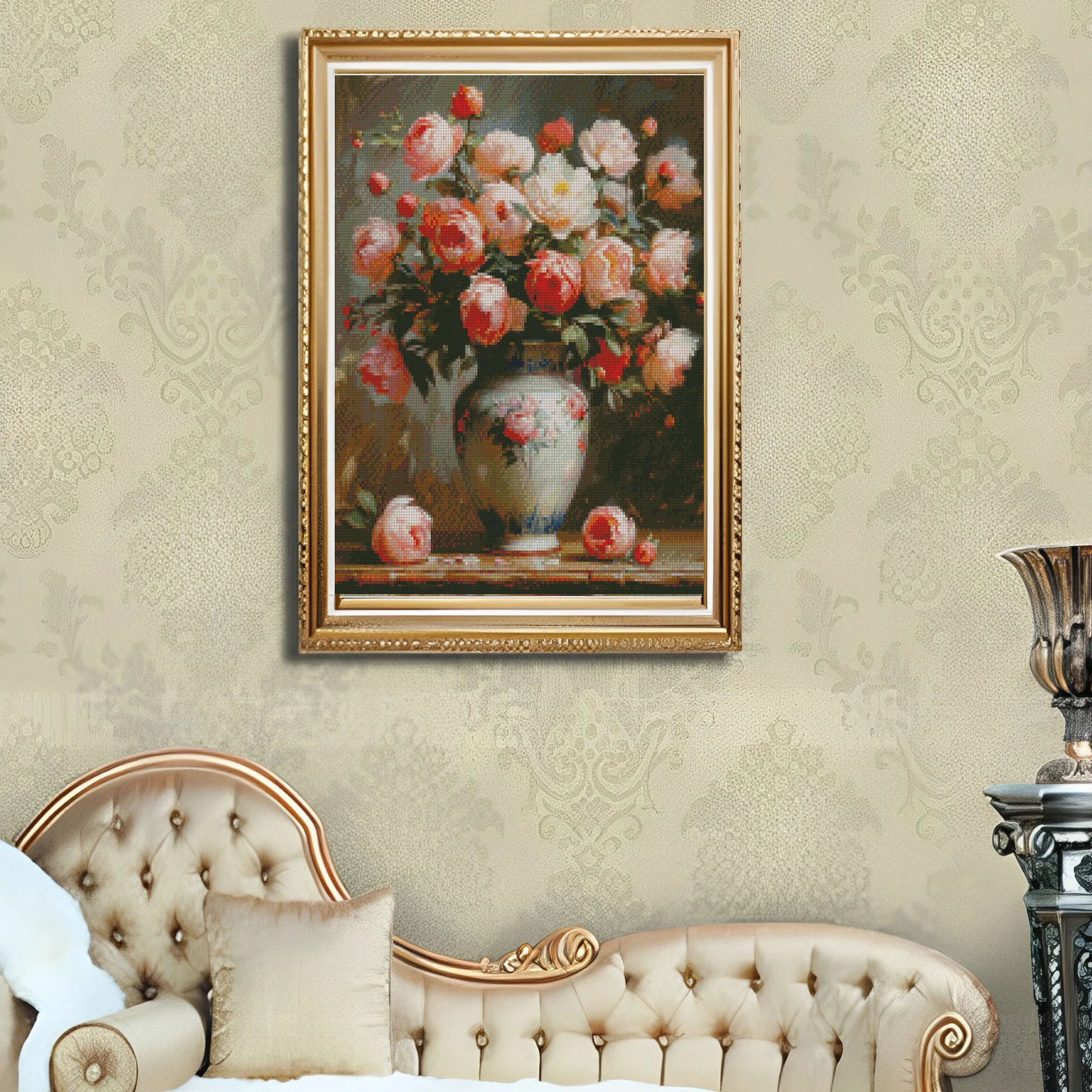 Cross Stitch Embroidery French Style Peony Flower Landscape Thread Drawing DIY Needlework Kit Decorate Printed on Canvas 11CT