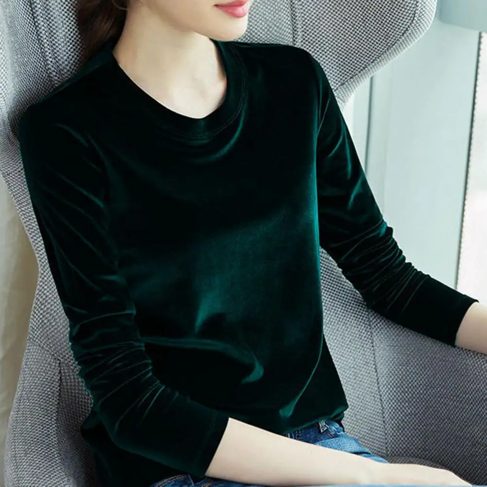 

Spring Autumn Women Blouse Loose O-Neck Long Sleeve Pullover Top Velvet Bright Surface T-shirt Bottoming Shirt