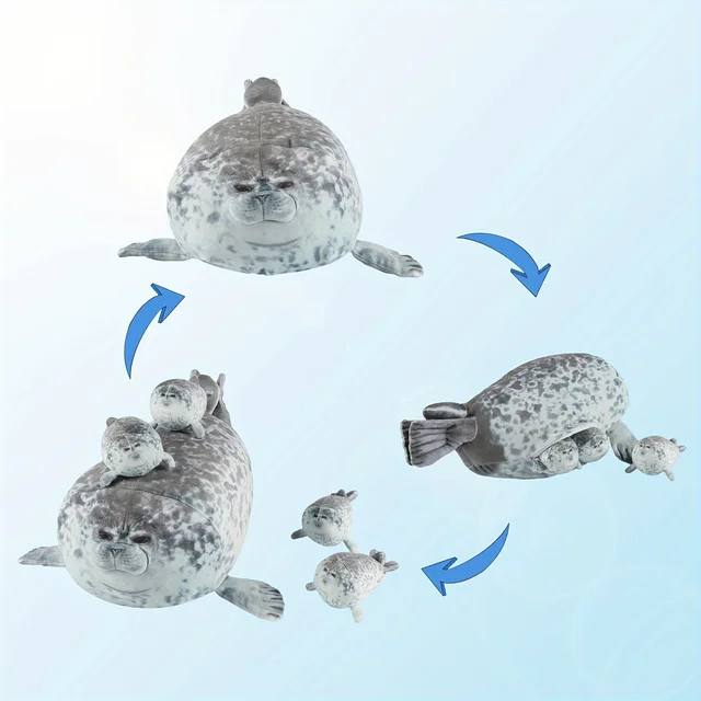 40cm Plush Blob Seal Pillow Mother with Four Kids Seal Chubby 3D Novelty Sea Lion Doll Stuffed Toy Pillow Gifts for Kids Girls 3