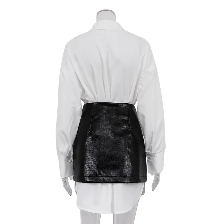 White Shirt Leather Skirt Sets Women Fashion Loose Long Sleeve Patchwork High Wasit Solid Office Lady Style Summer New