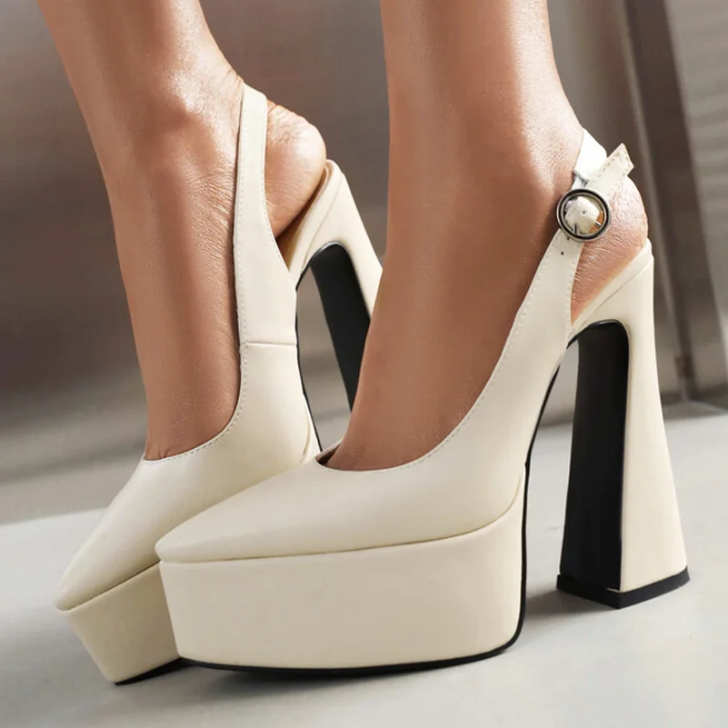 Women Slingbacks Pu Leather Sandals Platform Super High Hoof Heels Pointed Toe Sexy Party Summer Shoes 35-43